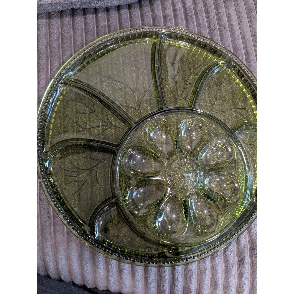 Mid Century Indiana Glass Olive Green Pebble Leaf Deviled Egg Serving Dish